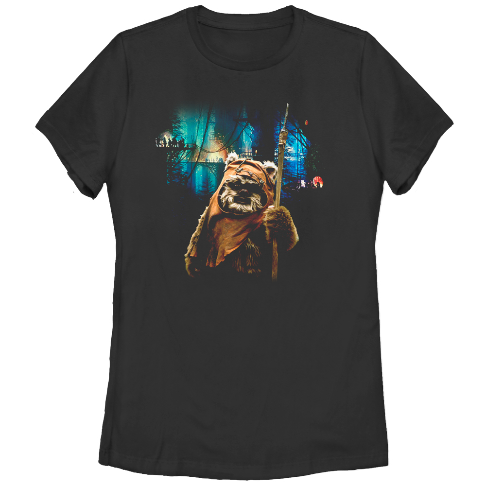 Women's Star Wars Tree Village Wicket Ewok Graphic Tee Black Small